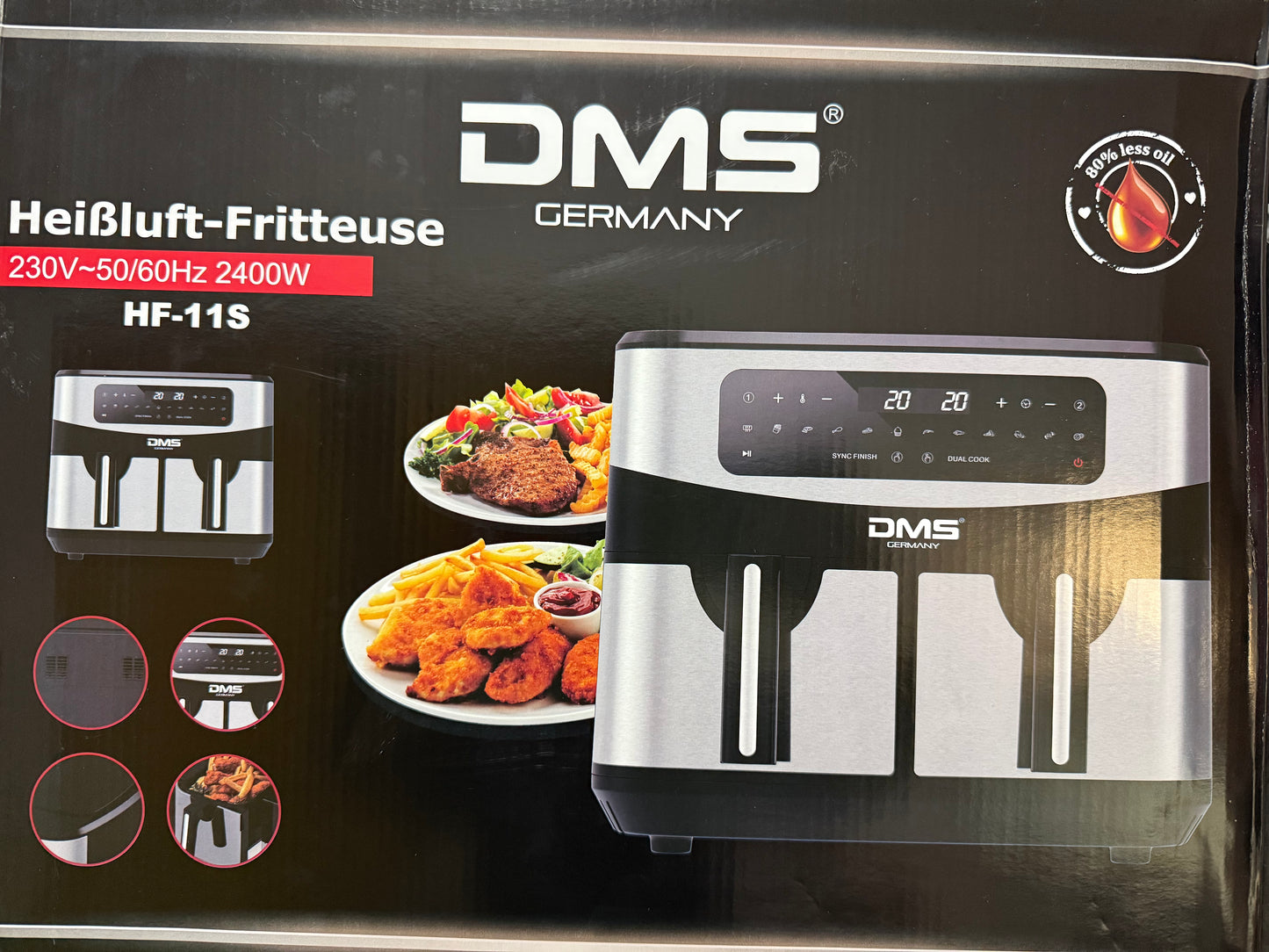 DMS Germany Heißluft-Fritteuse HF-11S – 2400W, Doppelkammer, gesundes Frittieren mit 80% weniger Öl